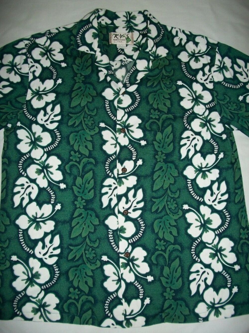 Ky's Mens Hibiscus Flowers Leis Green Teal Hawaiian Shirt Size Large